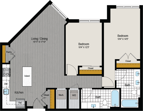 the floor plan of a bedroom apartment with a bathroom and a living room